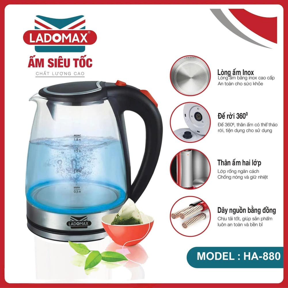 Ấm siêu tốc thuỷ tinh Ladomax 1.8 Lít HA-880 cao cấp - Ảnh 12
