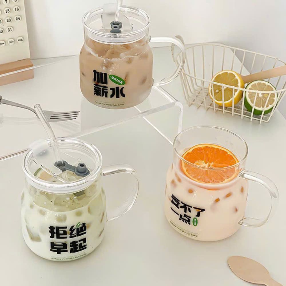 Cốc uống nước thuỷ tinh có tay cầm và ống hút 500ml - Ảnh 10