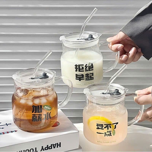 Cốc uống nước thuỷ tinh có tay cầm và ống hút 500ml - Ảnh 2