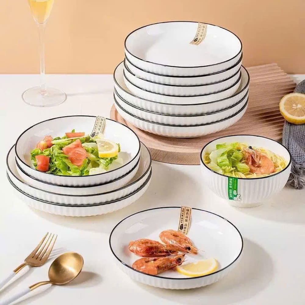 Đĩa tròn sứ vân dọc trắng viền đen size 22cm số 9 - Ảnh 9