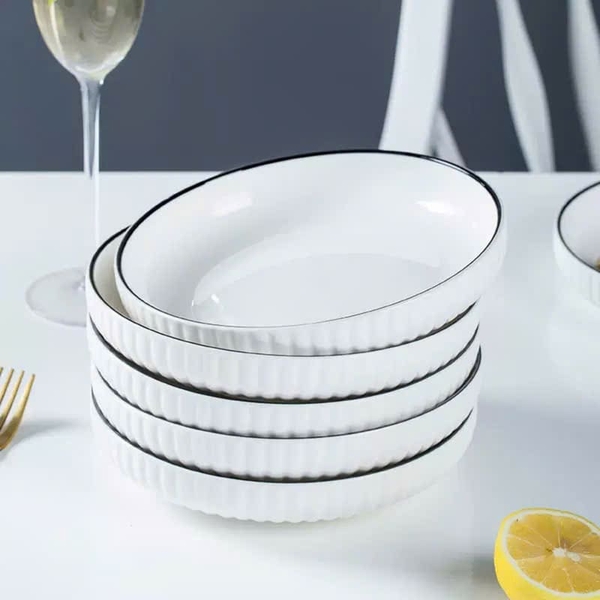 Đĩa tròn sứ vân dọc trắng viền đen size 22cm số 9 - Ảnh 2