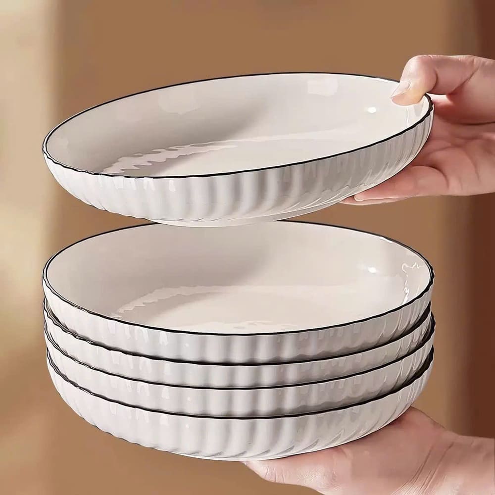 Đĩa tròn sứ vân dọc trắng viền đen size 22cm số 9 - Ảnh 11