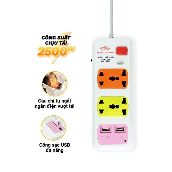 Ổ cắm điện có cầu chì tự động 4 lỗ dây 3m HJD 0236B-2U-3 - Ảnh 2