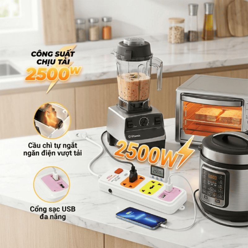 Ổ cắm điện có cầu chì tự động 4 lỗ dây 3m HJD 0236B-2U-3 - Ảnh 12