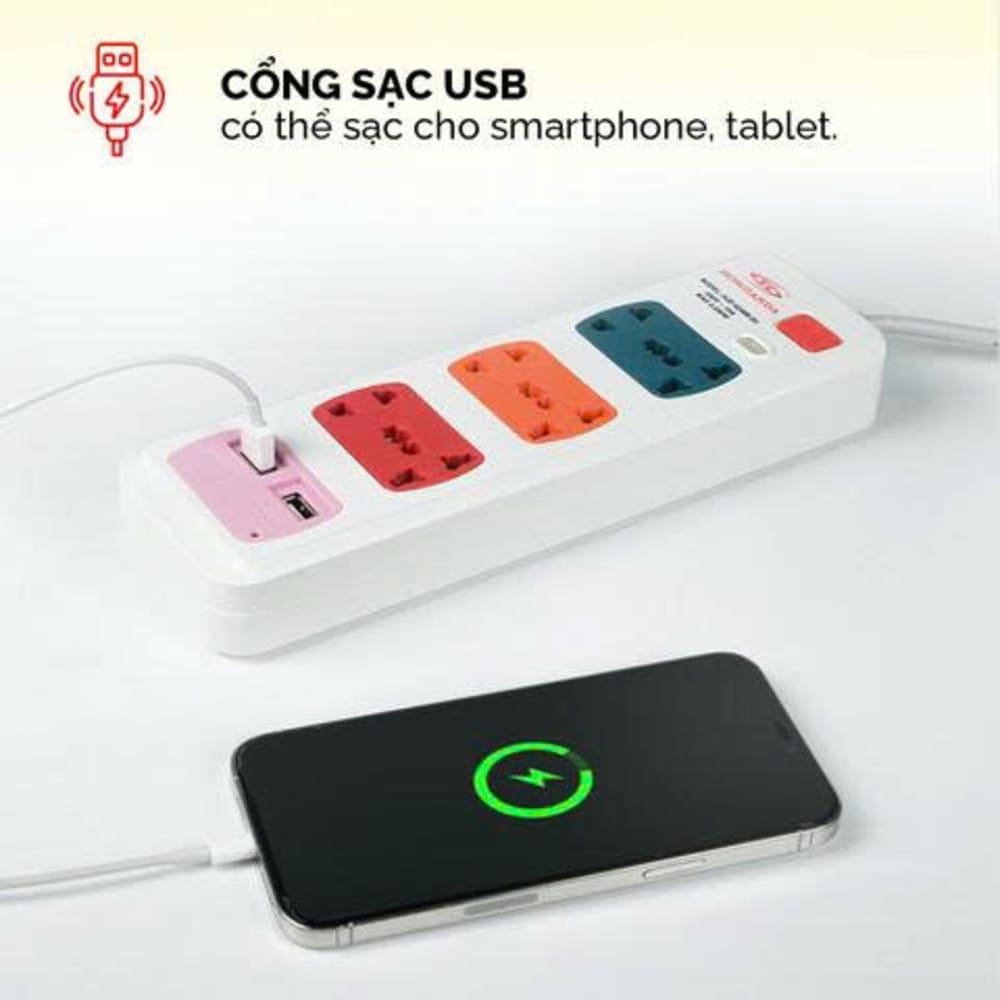 Ổ cắm điện có cầu chì tự động 6 lỗ + 2USB dây 3m HJD 0248B-2U - Ảnh 11